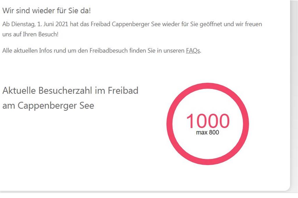 Freibad Cappenberger See reagiert auf Hitze und sorgt für Verwirrung 1000 von maximal 800 Personen. Die Anzeige auf der Webseite des Cappenberger Sees sorgte für Verwirrung.
