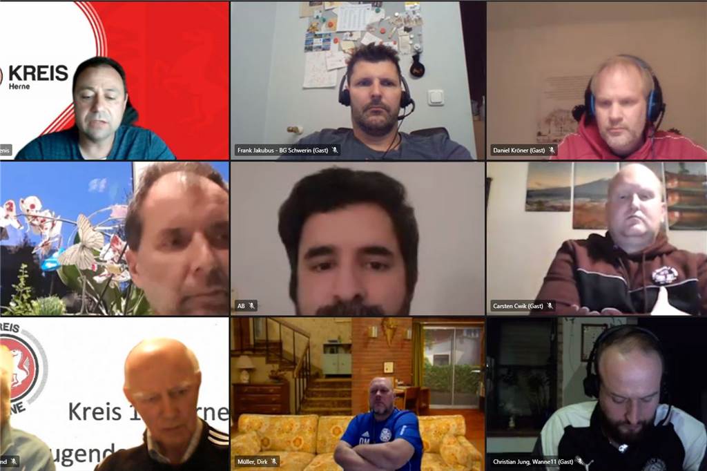 Viele Fragen zum DFB-Junioren-Masterplan sind noch unbeantwortet 137 Minuten lang diskutierten die Verantwortlichen des heimischen Juniorenfußballs in einer Videokonferenz - unter der Moderation von Denis Wessel (oben links).