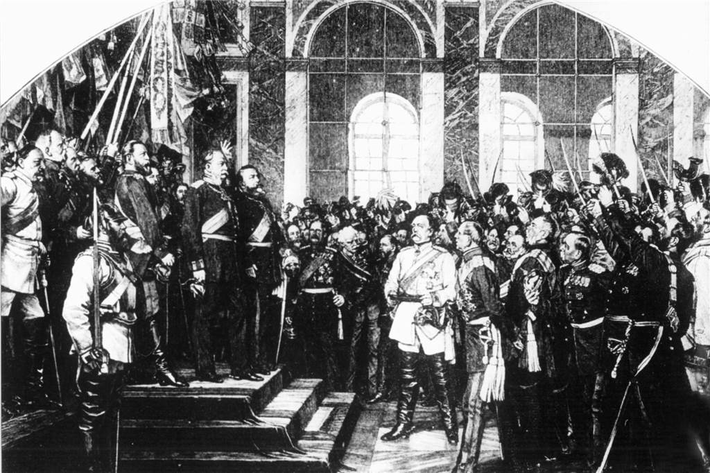 1871: Mit der Gründung des Deutschen Reiches und der Proklamation des preußischen Königs Wilhelm I. zum Deutschen Kaiser durch die versammelten Fürsten am 18. Januar im Schloss Versailles bei Paris ging die preußische Geschichte in die deutsche Geschichte über.