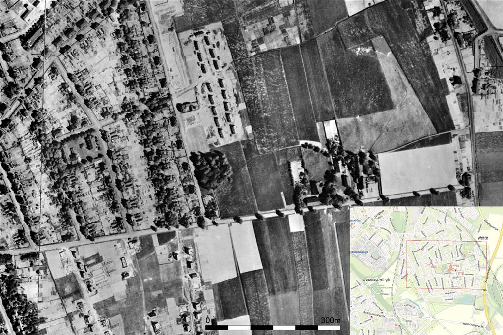 Keller freigelegt: Wo Dortmunder Schüler kickten, lagerte früher Eingemachtes 1952: oben links die alte Kolonie. An der Dörwerstraße (unteres Drittel von links nach rechts) stehen noch drei Bauernhöfe auf dem Gelände des späteren Schulzentrums. Wo sich heute Wohnsiedlungen befinden, waren Felder.
