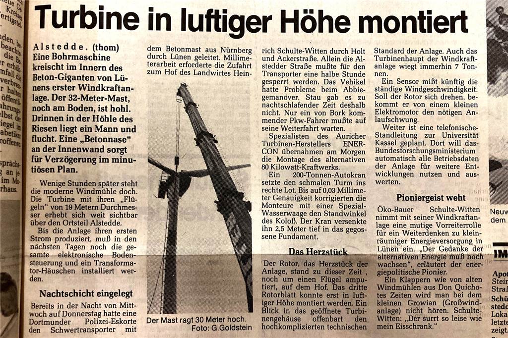 Vor mehr als 30 Jahren: Stadt Lünen bekommt ihr erstes Windrad 1991 waren die Ruhr Nachrichten dabei, als das Windrad aufgebaut wurde.