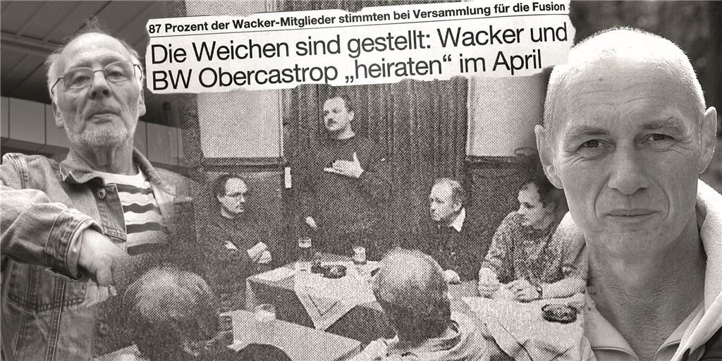 Fusion des BV Wacker Castrop mit BW Obercastrop war keine Liebesheirat 1997 stellten die Mitglieder des BV Wacker Castrop mit ihrem Vorsitzenden Dieter Heermann (l) die Weichen für die Fusion mit BW Obercastrop. Trainer Volker Krumtünger (r) übernahm in der folgenden Saison die 1. Mannschaft des Fusionsvereins.