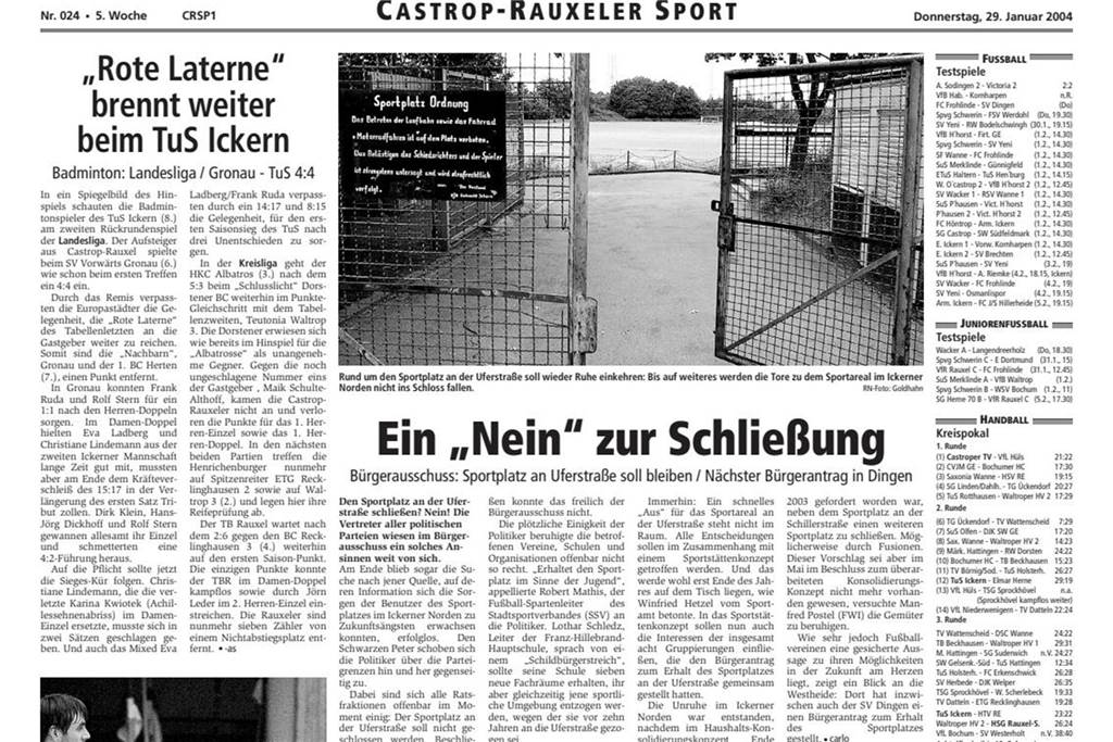 Platz an der Uferstraße vor Schließung: Politiker hätten gerne Fusion von Eintracht und Arminia gesehen 2004 waren Eintracht Ickern und die damalige Hauptschule in Ickern in Aufruhr. Die Schließung des Sportplatzes an der Uferstraße stand im Raum.