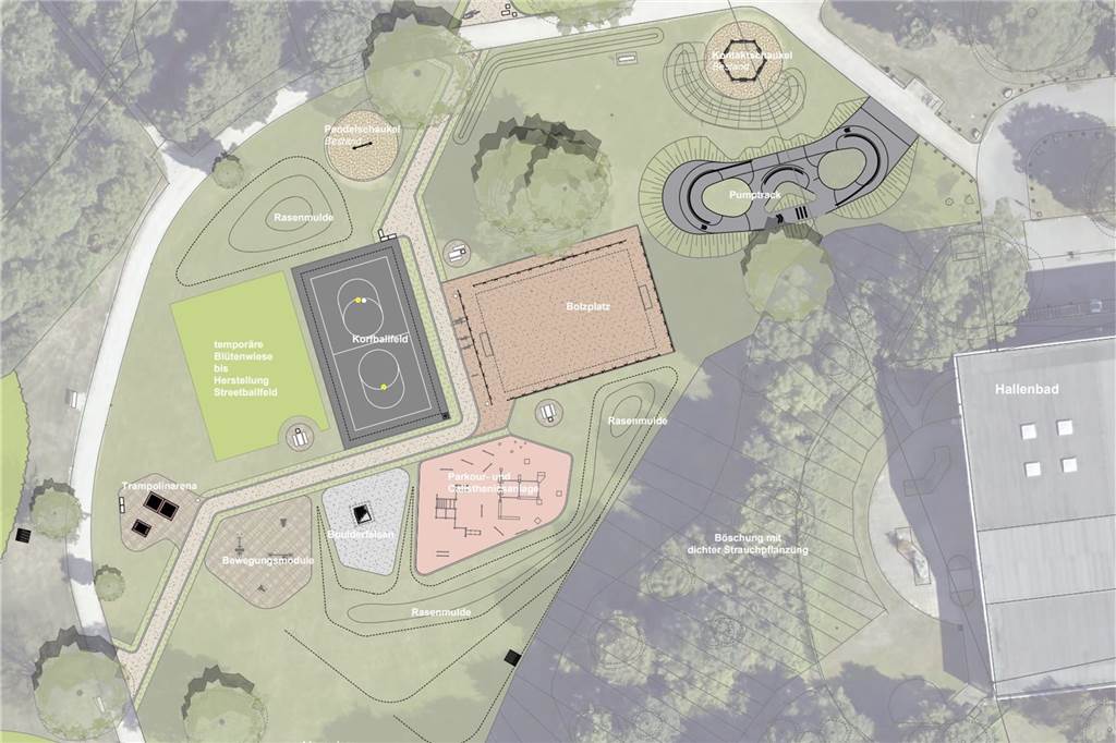 2024 kommt Bauabschnitt 2 von 3: Auf Hallenbadwiese entsteht Super-Spielplatz 2024 soll dieser Plan in Angriff genommen werden: Auf der Hallenbadwiese werden Pumptrack, Sport- und Spielfelder gebaut werden. Auf der geplanten Streetball-Anlage wird erst einmal eine Blühwiese gesät. Das wäre dann Bauabschnitt 3. Der Kleinkinder-Spielplatz (Bauabschnitt 1) direkt nördlich dieser Anlage ist seit Mitte 2023 fertig.