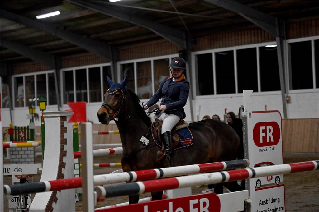 22 Reiterinnen und Reiter traten am Samstagabend auf dem Reiterhof Schwert beim Springreitturnier des RFV St. Georg Werne in der Klasse M* an. Am Ende setzte sich Michael Hagemann im Stechen durch.