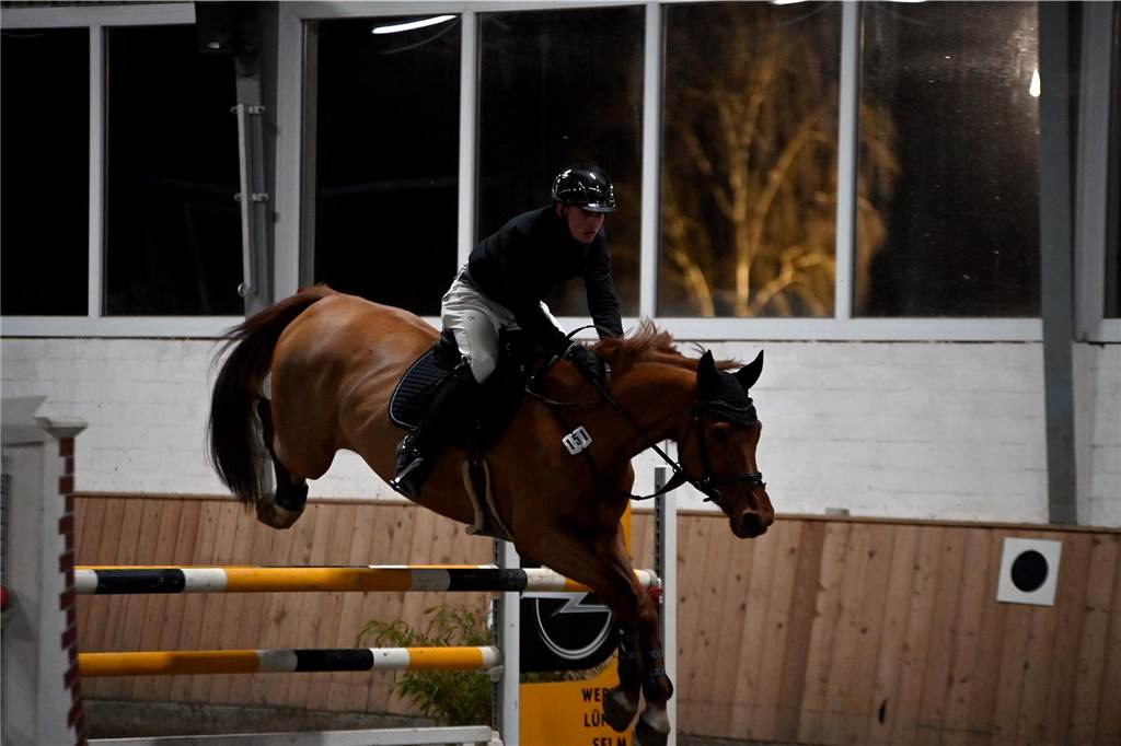 22 Reiterinnen und Reiter traten am Samstagabend auf dem Reiterhof Schwert beim Springreitturnier des RFV St. Georg Werne in der Klasse M* an. Am Ende setzte sich Michael Hagemann im Stechen durch.