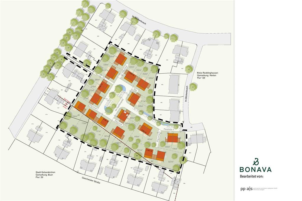Immobilien: Hier können Bürger den Traum vom Eigenheim verwirklichen Eine Grafik zeigt, wie das Neubaugebiet Im Böckenbusch in Herten-Bertlich aufgeteilt sein soll.