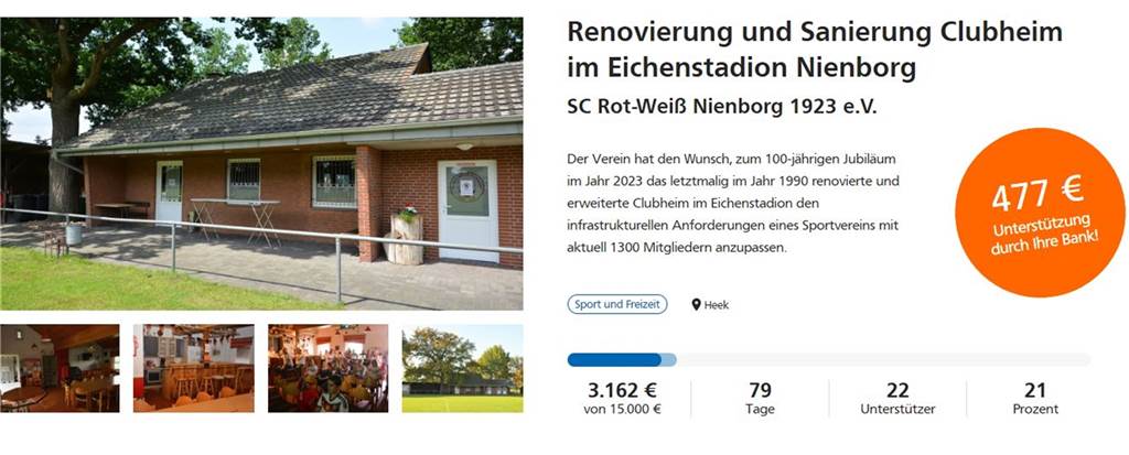 50.000-Euro-Bescheid: RWN-Klubheim-Sanierung ist angelaufen 3162 Euro sind beim Crowdfunding für die Renovierung und Sanierung des Klubheims im Eichenstadion bisher (Stand Montagmittag) zusammengekommen.