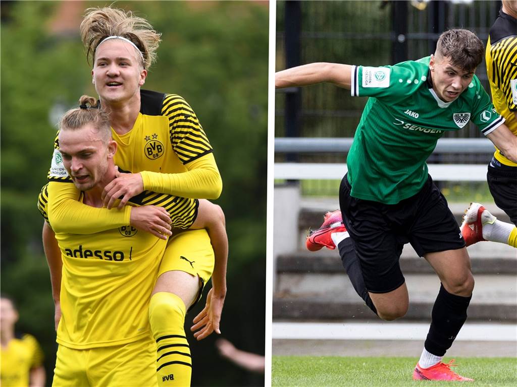 Nur BVB-Top-Talent war in der U19-Bundesliga erfolgreicher als ein Bossendorfer 39 Tore auf einem Bild: Links die BVB-Talente Bradley Fink (u.) und Julian Rijkhoff, rechts der Bossendorfer Maxim Schröder, der im Sommer Preußen Münster verlässt und zu Fortuna Düsseldorf wechselt.