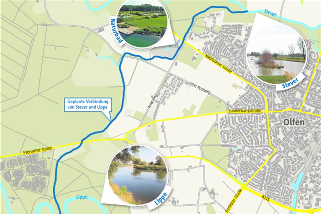 Neue Stever könnte bald durch Olfen fließen, Hutewald-Projekt steht aber vorm Aus 4,4 Kilometer lang ist die geplante Verbindung von Stever und Lippe: die Neue Stever.