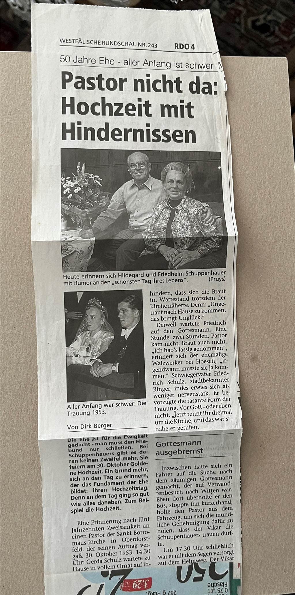 Die Ehe von Gerda und Friedhelm begann vor 70 Jahren mit einer Panne 20 Jahre alter Artikel aus der Westfälischen Rundschau.