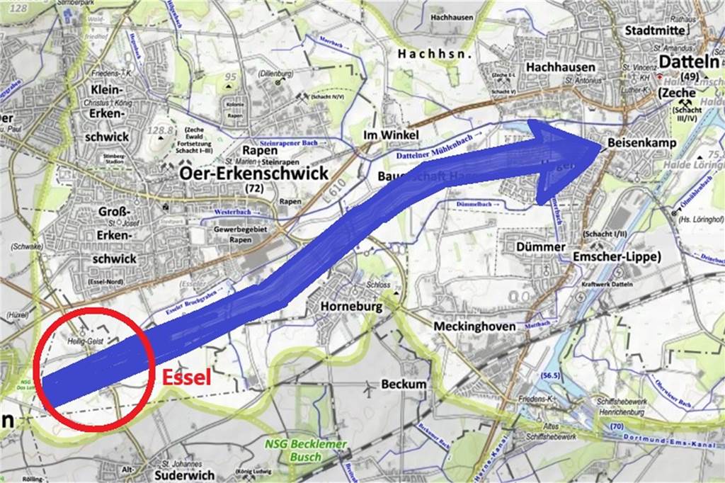 Teures Regenrückhaltebecken: Schutz für Baugebiet und für Datteln Grafik erklärt den Weg des Wassers von Recklinghausen-Essel nach Datteln.