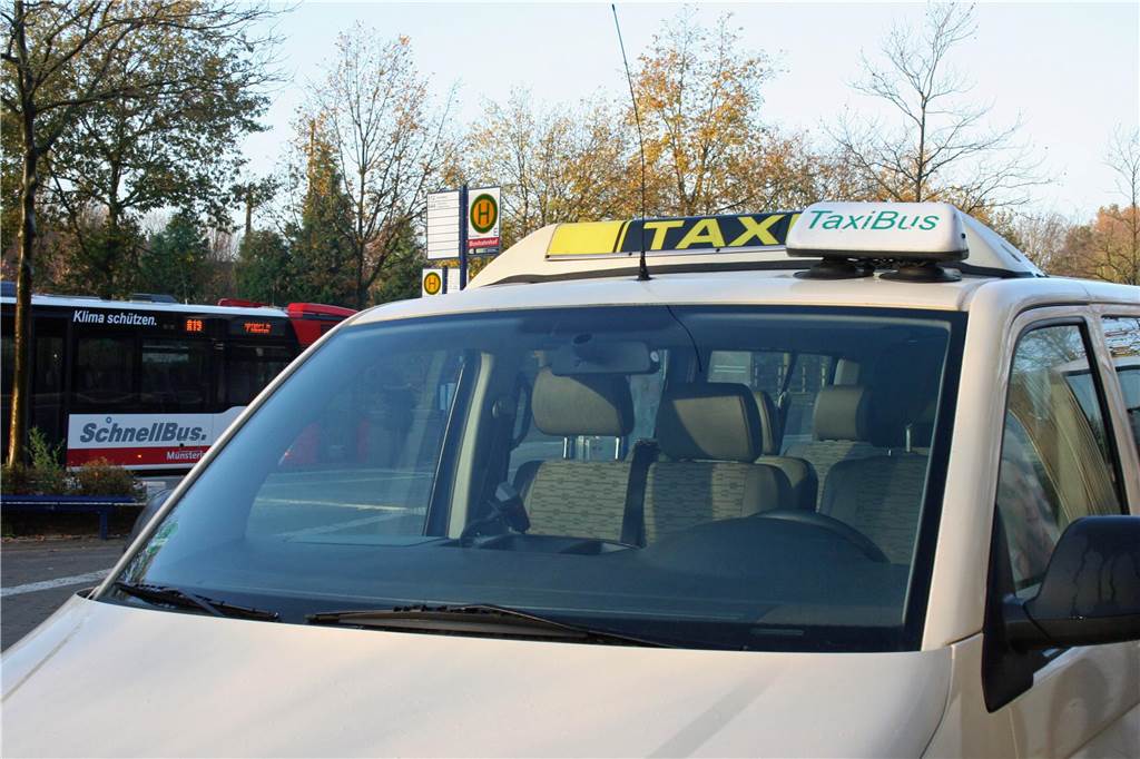 Ein Taxibus und ein Schnellbus stehen nahe einer Haltestelle.
