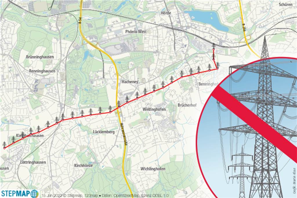 7,5 Kilometer quer durch den Dortmunder Süden: Hier verschwinden 30 stählerne Riesen Von südlich des Phoenix-Sees am dortigen Umspannwerk bis nach Löttringhausen zieht sich die Trasse mit insgesamt 30 Strommasten. Die sollen im Sommer verschwunden sein.