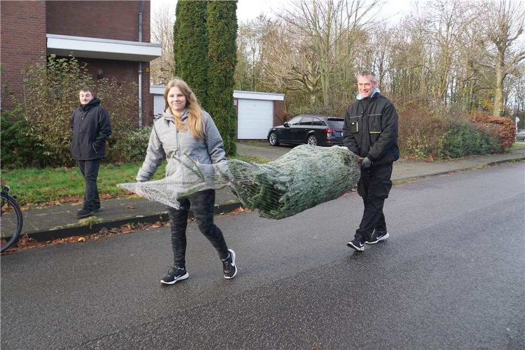 Aber auch zu zweit ließen sich die Bäume gut wegbringen. „Wir wohnen nicht so weit weg", schmunzelten Zwei, die ihren Baum durch die Straßen nach Hause trugen.
