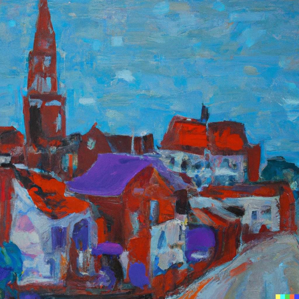 Ein expressionistisches Gemälde einer Stadt. 
