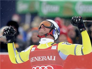 Aksel Lund Svindal feiert seinen Super-G-Sieg in Kitzbühel. Foto: Herbert Neubauer