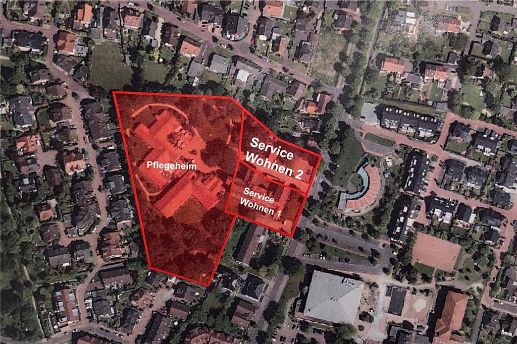 Spatenstich für barrierefreie Wohnungen und 20-Millionen-Euro-Projekt Als erstes entsteht ab jetzt das Gebäude, das auf dem Luftbild mit "Service Wohnen 2" bezeichnet ist. Dann wird das Pflegeheim umgebaut und anschließend das Wohnhaus (30 Wohneinheiten) gebaut, das mit "Service Wohnen 1" bezeichnet ist.