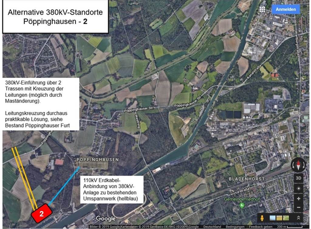 Als von der BI favorisierte Standort ist der König-Ludwig-Hafen (2) vorgesehen. Von dort, so die Bürgerinitiative, könne man ein Erdkabel zur alten Umspannanlage verlegen. Die Oberleitungs-Trasse zum neuen Standort wäre fernab der Siedlung. 