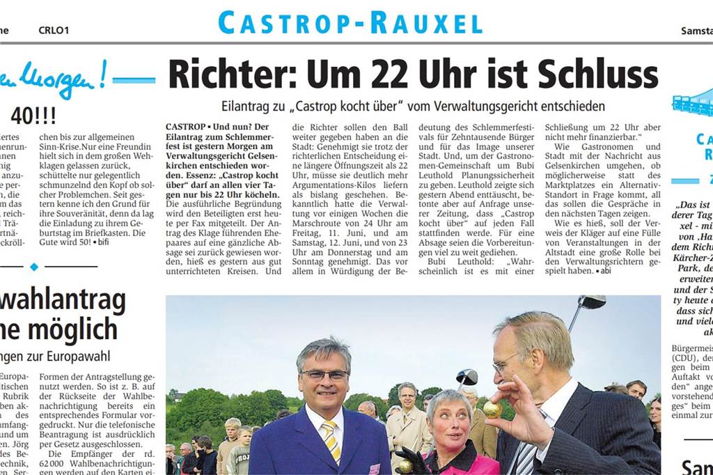 2004: Altstadt-Ehepaar bekämpfte Castrop kocht über bis vor Gericht Am 15. Mai 2004 berichteten die Ruhr Nachrichten exklusiv über die Entscheidung im Gericht.