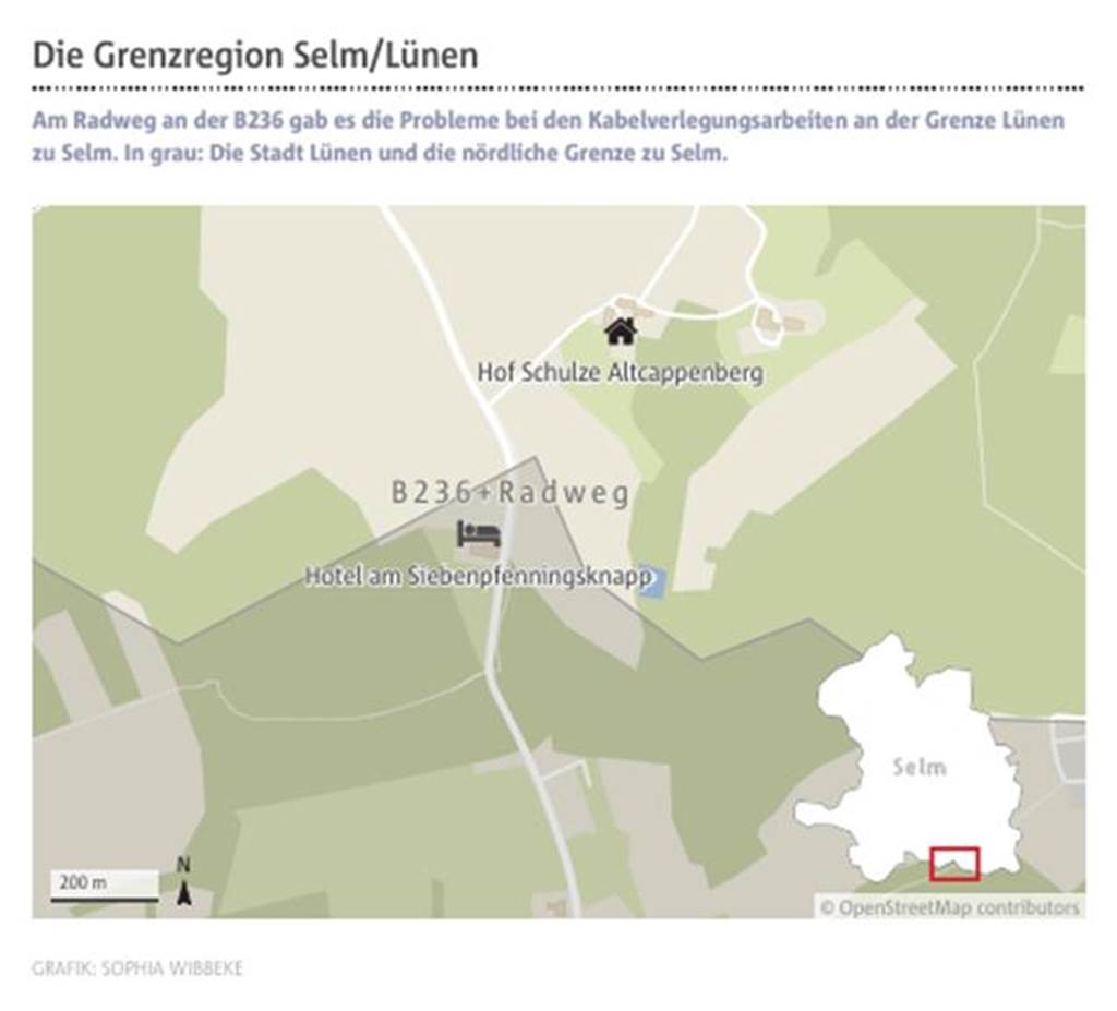 Probleme beim Glasfaser-Ausbau an B236: „Baumaßnahmen sofort gestoppt“ Grafik des Grenzgebiets Lünen zu Selm.