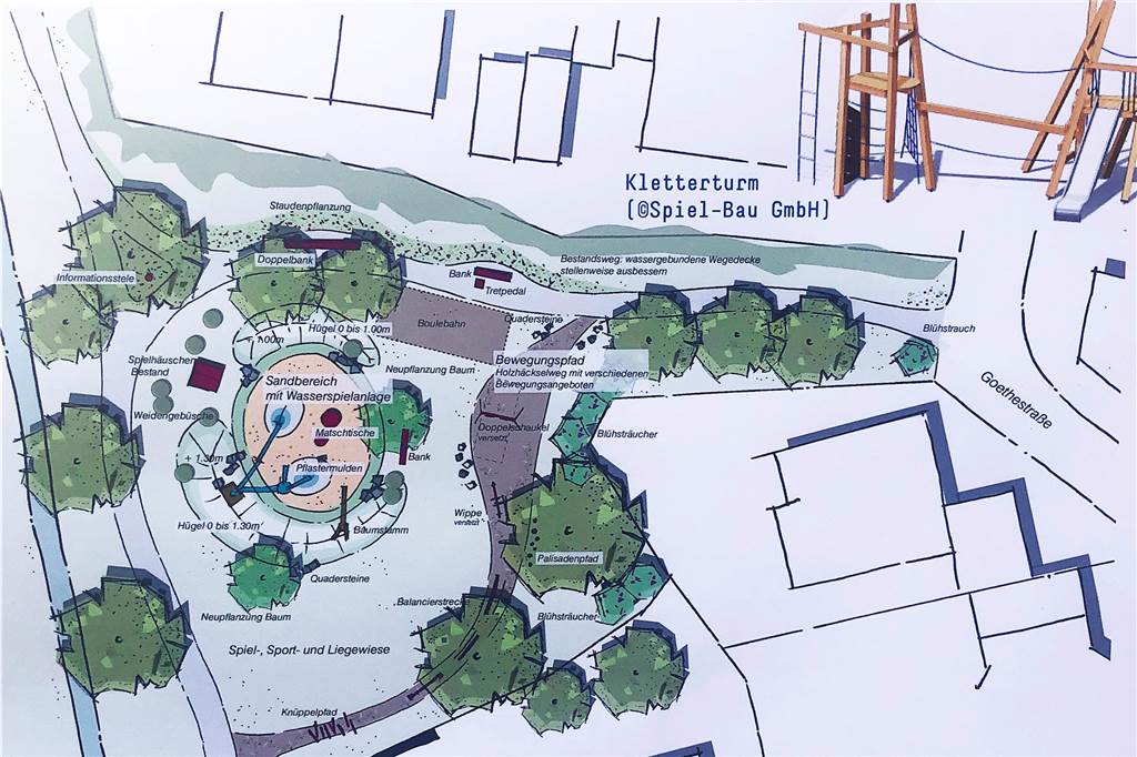 Pläne für das Rathausumfeld: Mühlenbach soll kleine Forscher anlocken Am Spielplatz Goethestraße könnten sich die Planer gut einen Sandbereich mit einer Wasserspielanlage in der Mitte vorstellen. Auch ein Bewegungspfad ist geplant.