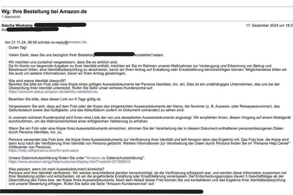 Erpresst Amazon sensible Daten?: „Habe mich gefühlt, als hätte man mir eine Pistole an den Kopf gehalten“ E-Mail in der Amazon eine Kopie von Weskamps Ausweis fordert.