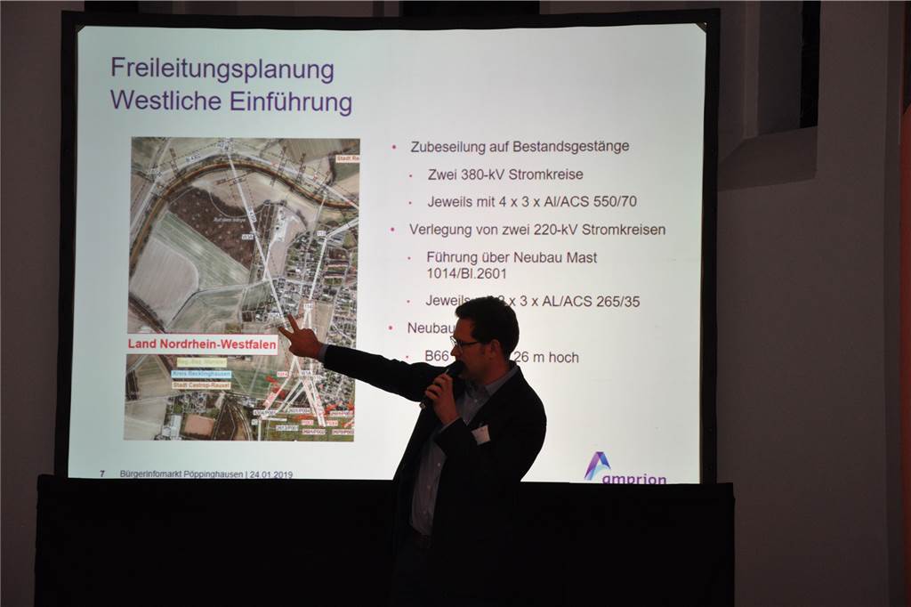 Hitziger Info-Abend zwischen Amprion und den Pöppinghausern endet halbwegs versöhnlich Amprion-Vertreter Jonas Aßhoff versprach, einen Vorschlag der Bürgerinitiative zur alternativen Führung der westlichen 380-kV-Trasse prüfen zu lassen.