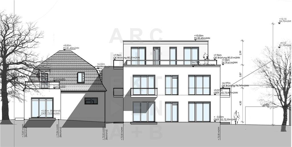 19 neue Wohnungen für Bork: Das passiert mit dem alten Gärtnerhäuschen An das bestehende Altgebäude wird ein Verbindungsbau anschließen, welches das Gärtnerhäuschen mit dem Neubau verbindet.
