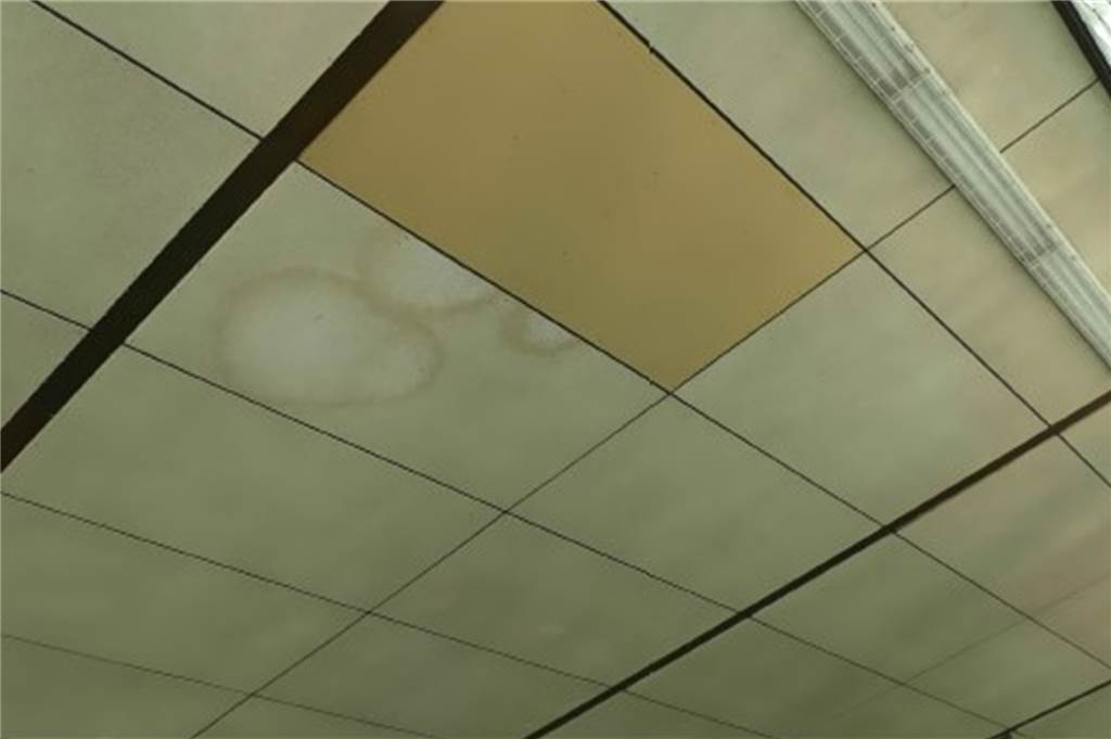 An der Decke sieht man Wassereintritt von oben.