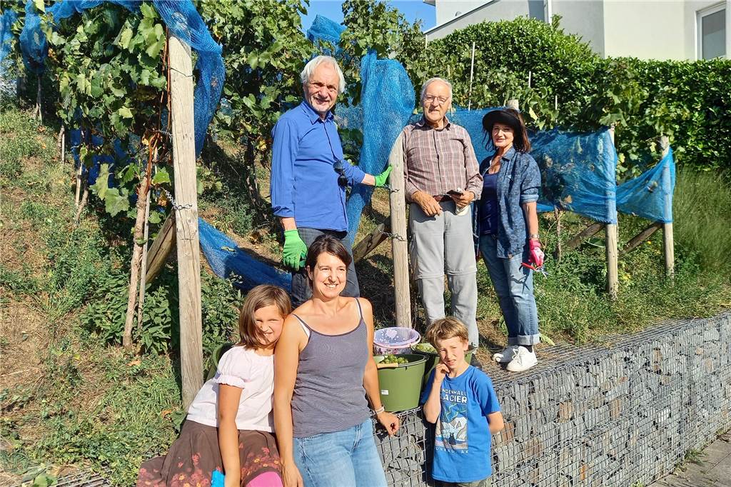 An der Weinlese 2020 beteiligten sich: (unten) Winzerin Tina Krachten mit Tochter Johanna und Gastkind Gustav sowie (oben) die seit der Pflanzung 2012 Aktiven Christoph Ebner, Willi Garth und Gabriele Ebner.