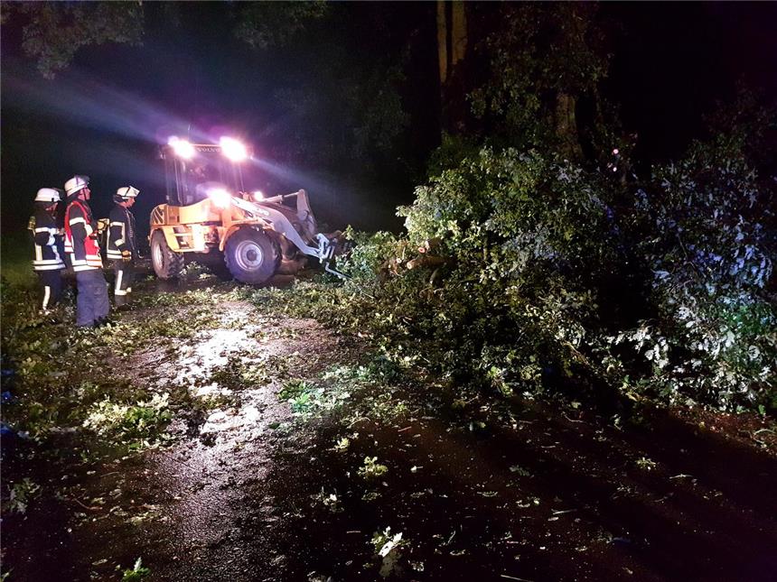 Unwetter sorgte für acht Einsätze An der Westricher Straße half ein Firmeninhaber mit seinem Radlader am Mittwochabend der Feuerwehr Schermbeck beim Sturmeinsatz.