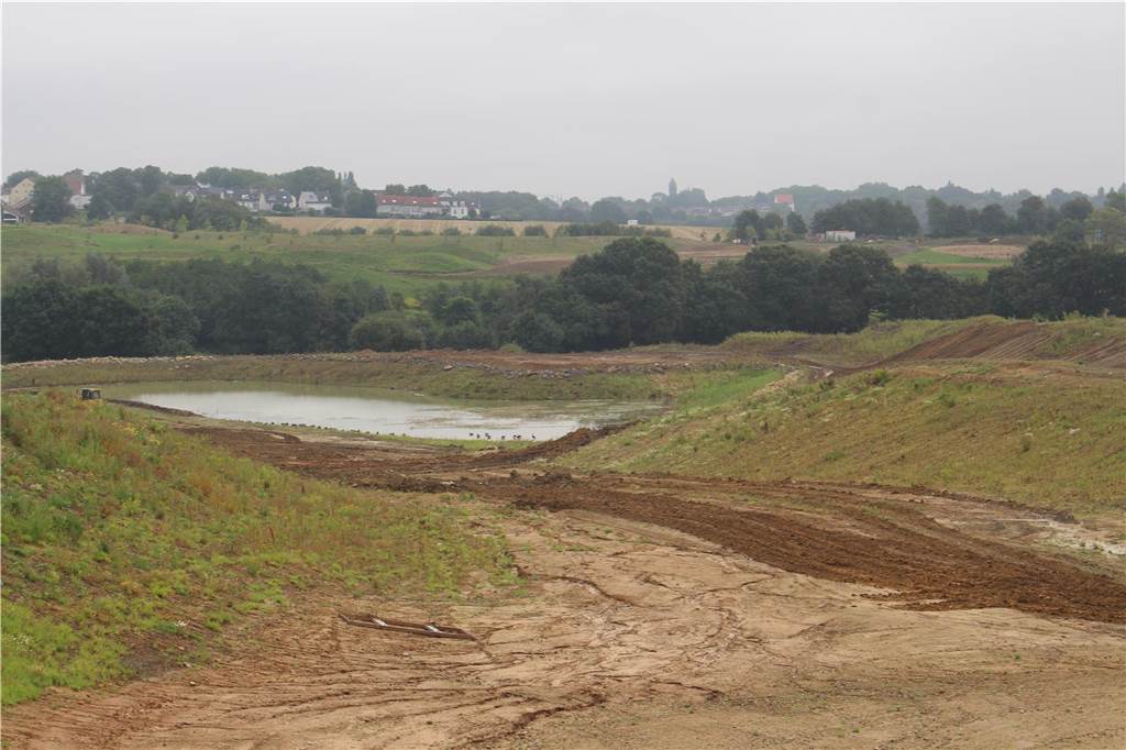 Noch ein Jahr warten: Golfplatz am Ruhr-Park soll jetzt 2024 öffnen An diesem künstlich gebauten Teich haben sich bereits Gänse angesiedelt.