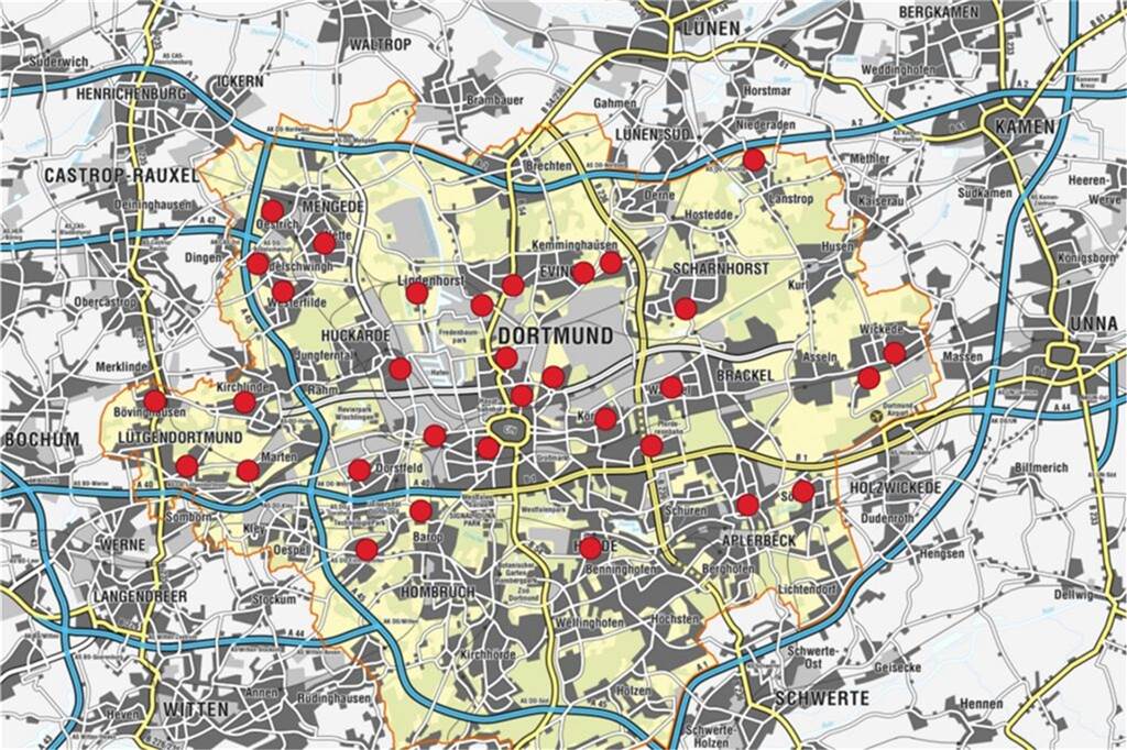 Sirenenalarm in NRW: Was die Warntöne bedeuten und wie die Handy-Warnung ablief Karte von Dortmund mit roten Markierungen, wo die Sirenen stehen.