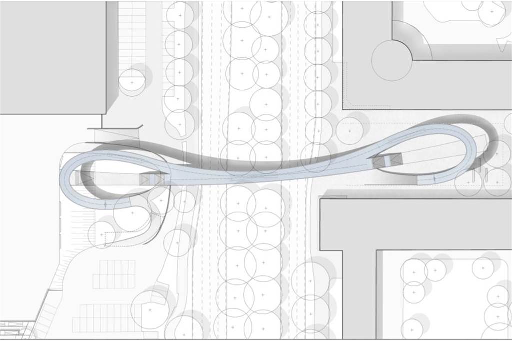 Brücken-Neubau über die B1: BVB-Fans müssen längere Zeit Umwege laufen An elegante Schleifen erinnert die Wegeführung der neuen Brücke über die B1 zwischen Westfalenhallen (l.) und Max-Ophüls-Platz.