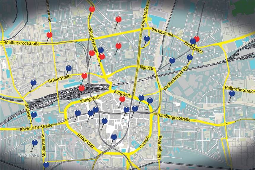 Gelungene Wege aus den Angsträumen Angsträume in Dortmund: Die rot-markierten Stellen wurden mehrfach genannt.