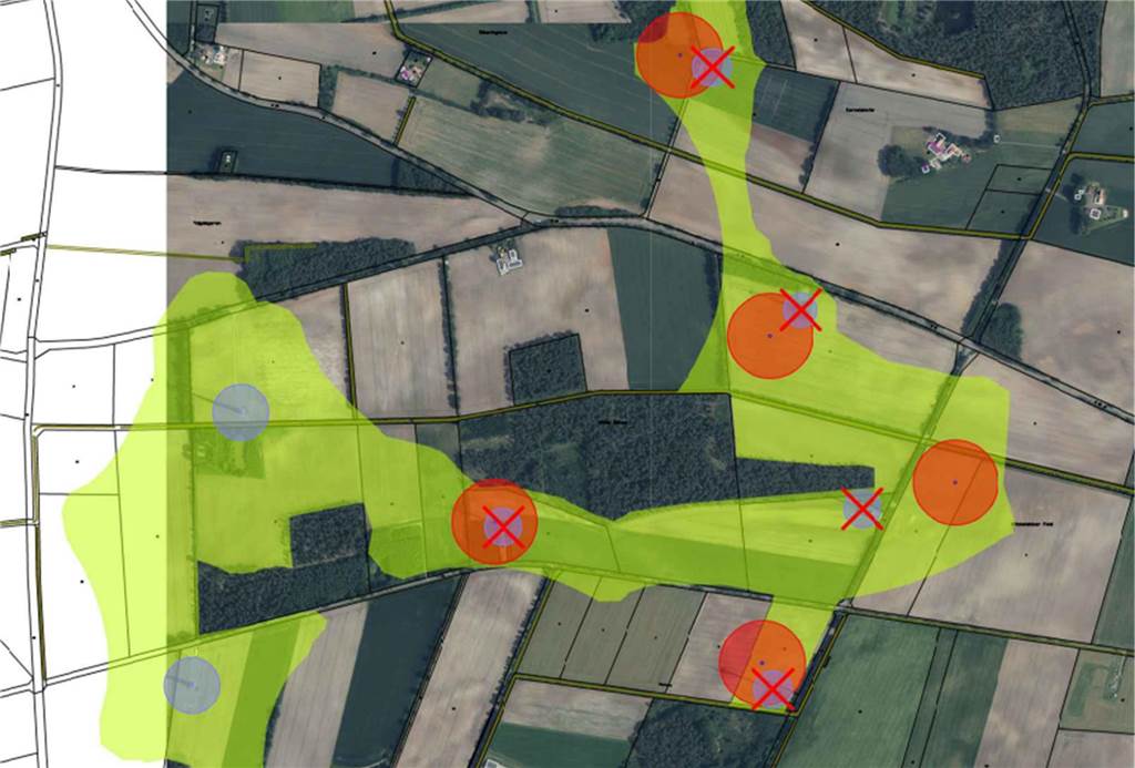 Vredener Windpark in Köckelwick soll modernisiert werden Anhand der Karte ist zu erkennen, welche Altanlagen (blaue Kreise) repowert werden sollen und wo die neuen Anlagenstandorte (rote Kreise) sind.