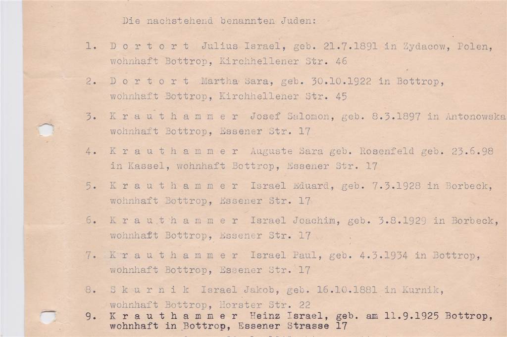 Gegenstände im Jüdischen Museum erzählen tragische Geschichten Anhand der Transportliste können Historiker heute nachvollziehen, wo jüdischen Familien einst gelebt haben und wohin sie zur NS-Zeit deportiert wurden. Diese Liste gibt Auskunft über die Bewohner des Hauses an der Kirchhellener Straße 46 in Bottrop.