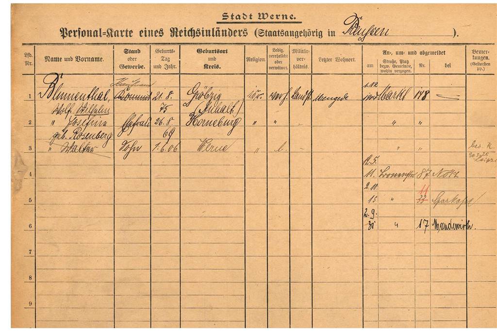 Heimtückisch in den Tod getrieben: Das Schicksal der Familie Blumenthal Anhand dieser sogenannten Personalkarte lassen sich die verschiedenen Wohnorte der Blumenthals in Werne nachvollziehen.