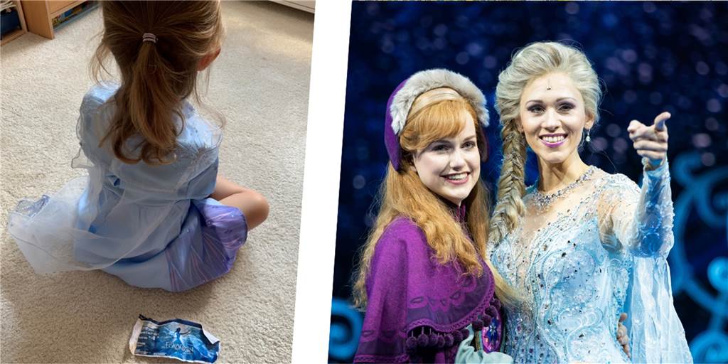 Ärger über Veranstalter: Anna wollte „Die Eiskönigin“ sehen - zweimal spontan abgesagt Anna Bußmann (l.) im Kostüm von Elsa (r.) aus dem Musical „Die Eiskönigin“. Vor ihr liegt die zerknüllte Eintrittskarte. Zweimal wurde die Show kurzfristig abgesagt