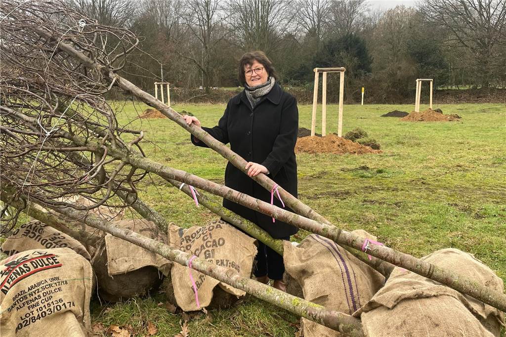 Anna Pein steht auf der Wiese am Südfriedhof in Recklinghausen neben Bäumen, die uneingepflanzt auf dem Boden liegen. 