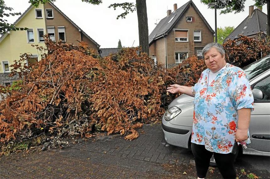 Annegret Elting steht vor dem zugeschobenem Parkplatz vor ihrem Haus. Der Riesenmisthaufen im Dreieck Hombrink /Groppenbachstraße sorgt für Ärger zwischen Stadt und Anwohnern.