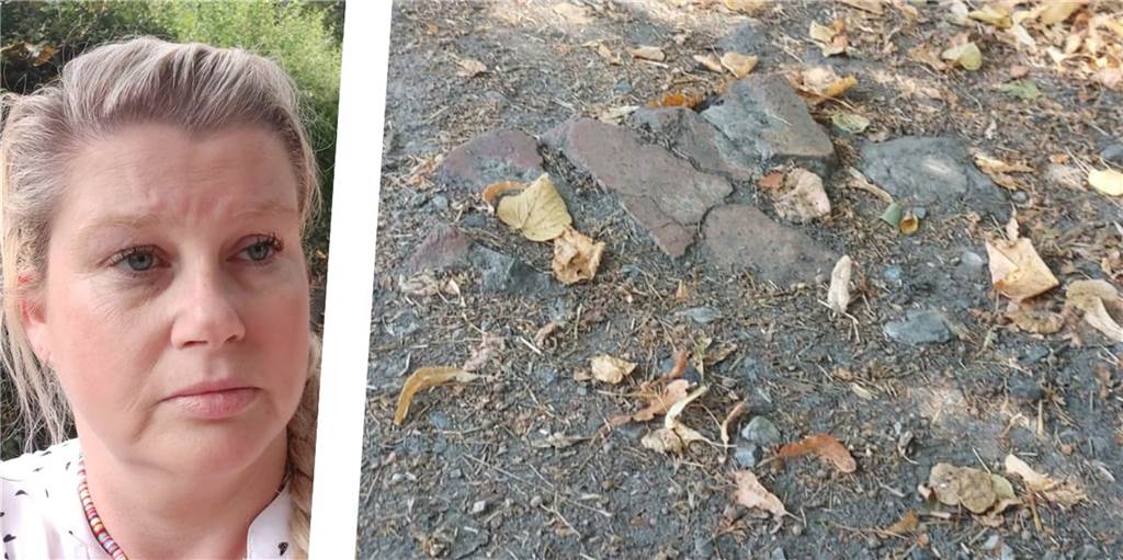 Anwohnerin am Becklohhof: „Kein sicherer Weg für Grundschulkinder und Senioren“ Anika Hilsmann neben einem Bild von Gehwegschäden.
