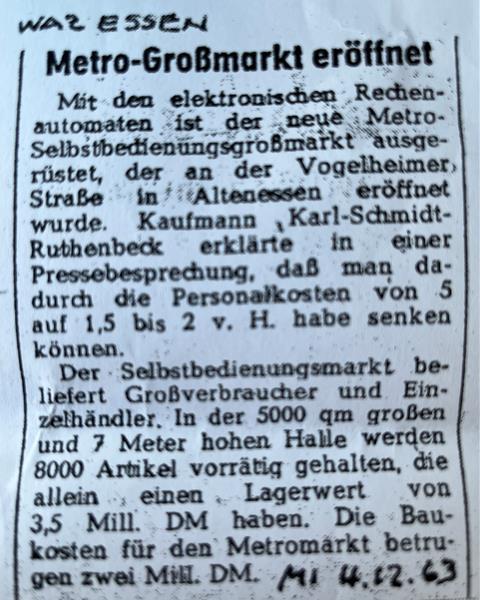 Vor 60 Jahren: Walter Vieth plant ersten Metro-Großhandel in Essen Anzeige zur Eröffnung der ersten Metro in der WAZ.