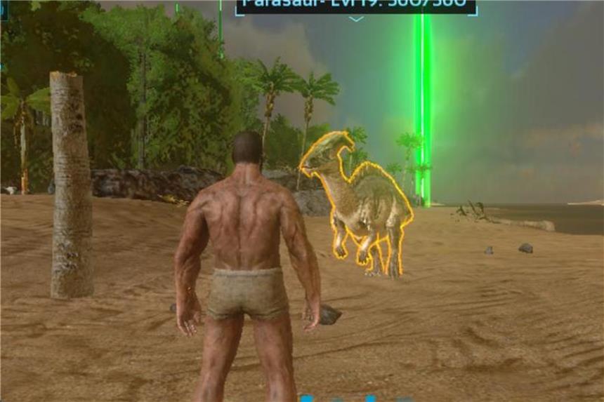 Dinosaurier und Dauerfeuer im Weltall „ARK: Survival Evolved“ lässt die Spieler (fast) nackt auf einer Insel stranden und konfrontiert sie dann mit Dinosauriern. Foto: Studio Wildcard