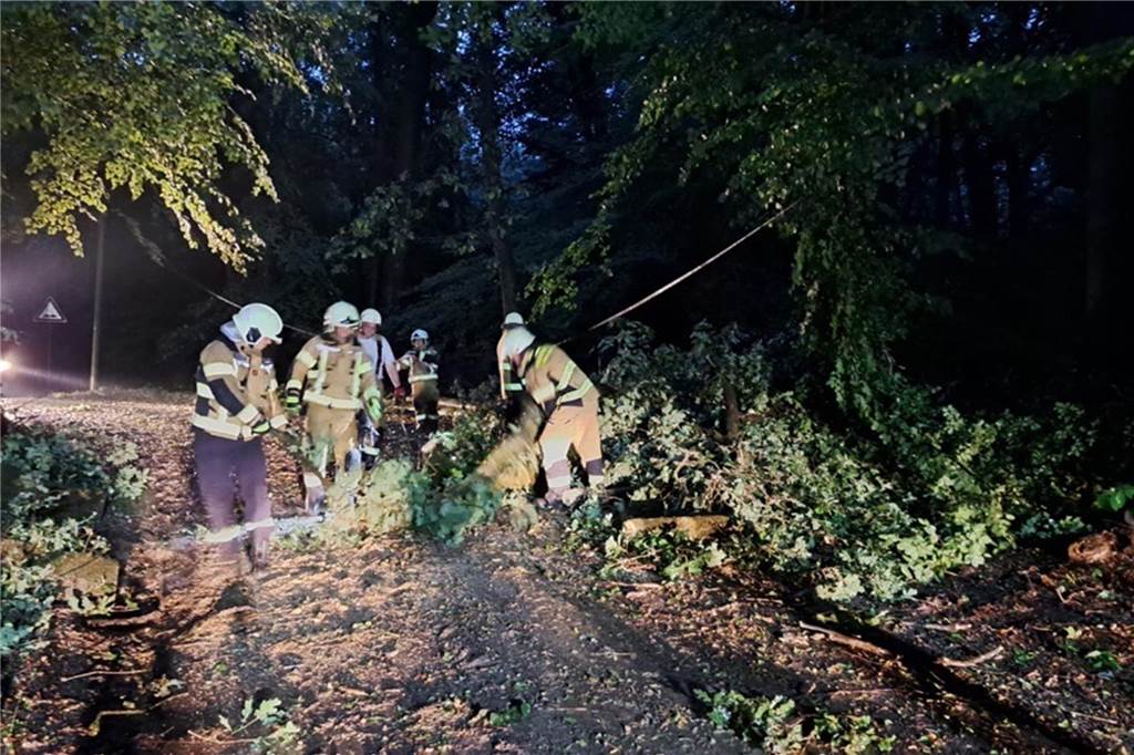 Feuerwehr war nach Unwetter am Abend im Dauereinsatz Feuerwehrleute räumen einen Baum von einer Straße weg.
