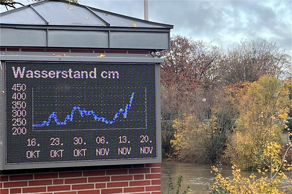 Lippe-Pegel steigt enorm - Experte: „Viel Wasser ist ein gutes Zeichen“ Auch bei der Station "Am Hagen" in Lünen ist der Anstieg des Pegels gut zu erkennen.