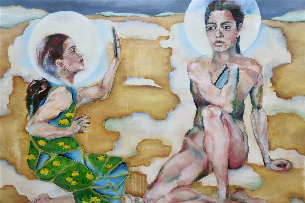 Ausstellung mit Olga Pelster aus Haltern: Auseinandersetzung mit der digitalen Revolution Bild von Olga Pelster: Zwei nackte Menschen mit je einem Handy