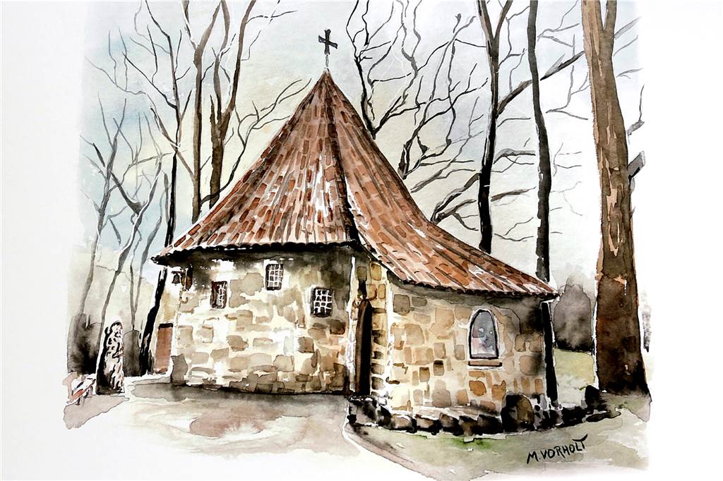 13 Aquarelle: Halterner Kalender-Motive für das Klara Hospiz Auch die Tannenberg-Kapelle gehört zu den Kalendermotiven.