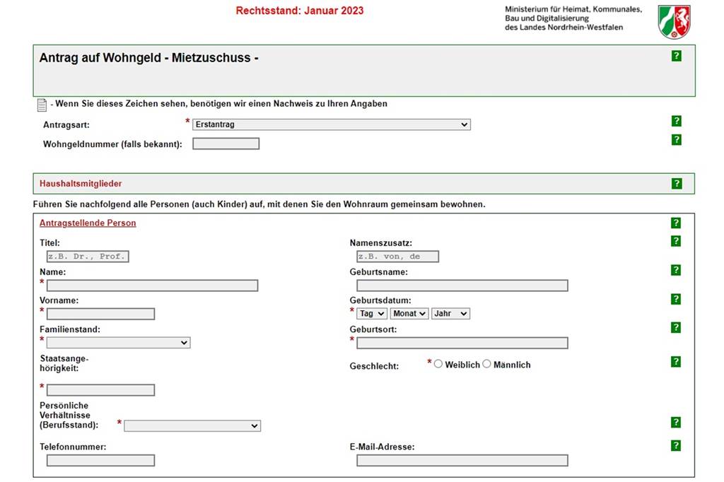 Notfall-Lösung für Bearbeitung der Wohngeld-Anträge Online-Formular des Wohngeld-Antrags